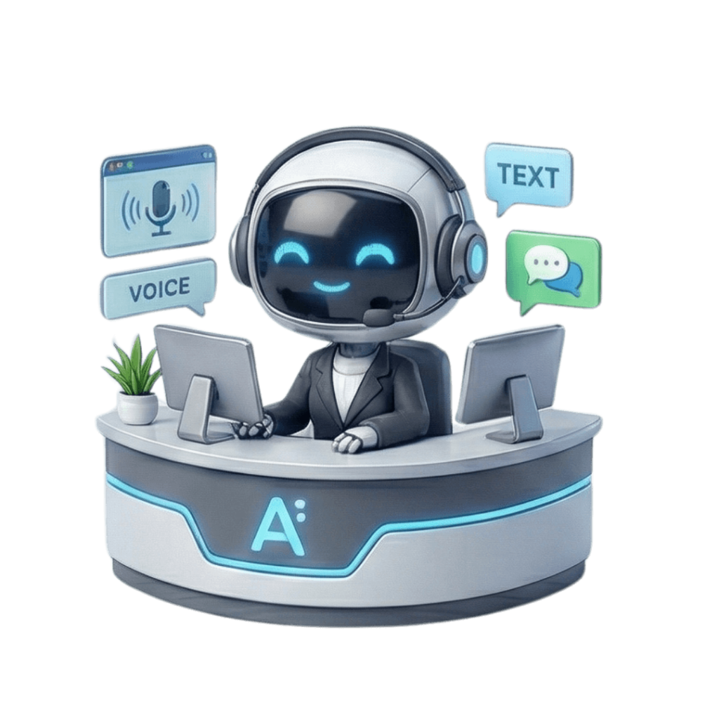 Ava AI receptionist from ReplaceMyselfAI providing voice and text customer support.